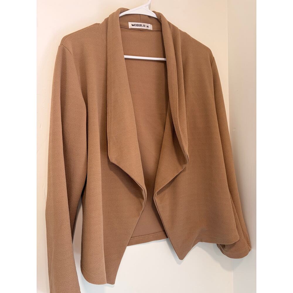 DoubLJU Taupe Draped Open Front Blazer Cardigan Lightweight M - Picture 3 of 7